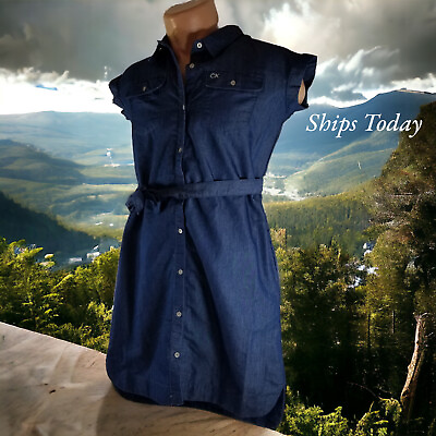 #ad Calvin Klein Women#x27;s Size 16 XL Short Sleeve 65% Cot Solid Blue Dress 11011 $15.99