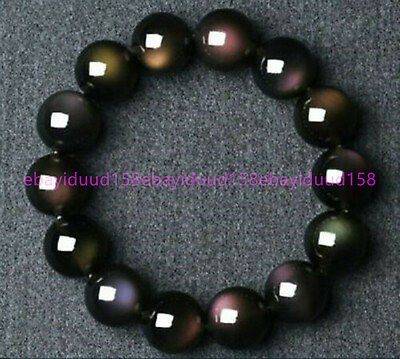 #ad 12mm Natural Black Obsidian Rainbow Gemstone Round Beads Stretch Bracelet AAAA $5.88