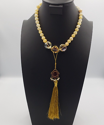 #ad Vintage Tassel Necklace Yellow Calcite Bead Crystal Gold Latkan Pendant Boho 60s $18.40