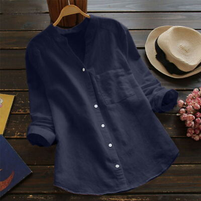 #ad Women Casual Solid Long Sleeve Shirt Blouse Down Cotton Linen V Neck Tops New $21.35