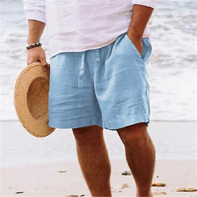 #ad Mens Summer Drawstring Cotton Linen Shorts Beach Hawaiian Waist Short Pants $19.89