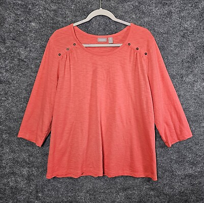 #ad Chicos 2 Knit Top Womens L Orange 3 4 Sleeve Buttons Cotton T Shirt $15.99