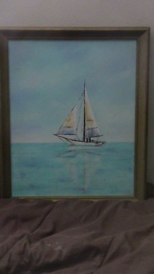 #ad Sailboat Sailing on Peaceful Pacific Painting. Frame Size 19 by 23.  $60.00