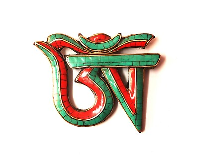 #ad Tibetan quot;OMquot; Symbol Buddhist OM Symbol Inlaid Coral Turquoise On Wood quot;OMquot; $55.00