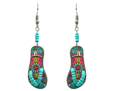 #ad Mandala Flip Flop Earrings Turquoise Pattern Graphic Beaded Beach Sandal Dangles $13.99