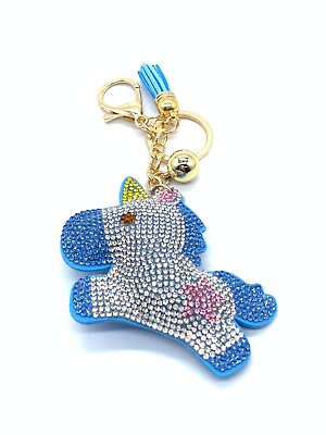 #ad Bling Unicorn Women Girl Keychain Glitter Blue Tassel Silver Chain Accessory $18.00