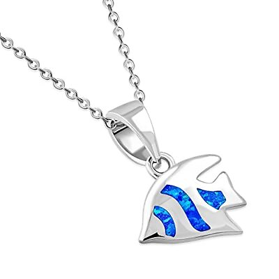 #ad 925 Sterling Silver Blue Opal Tropical Fish Pendant Necklace $24.99
