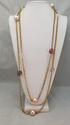 #ad Large Long Chunky Pink Purple Color Mix Beaded Multi Chain Goldtone Bib Necklace $12.00