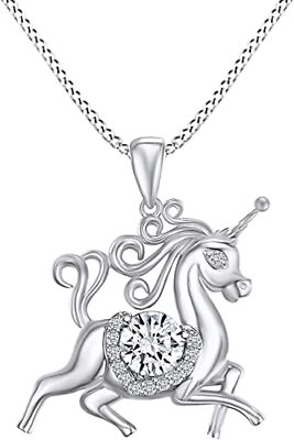 #ad Unicorn Horse Pendant 18quot; Necklace Simulated Birthstones 14K White Gold Plated $48.59