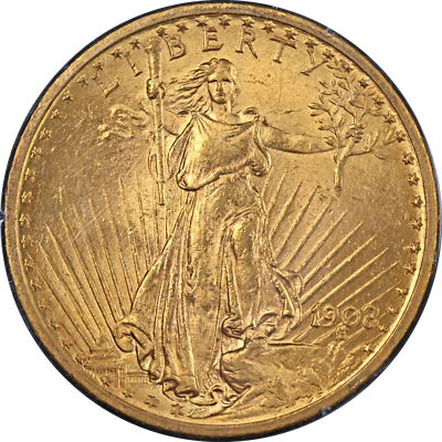 #ad 1908 P Saint Gaudens Gold $20 No Motto Rattler Holder PCGS MS62 Strong Strike $2661.00