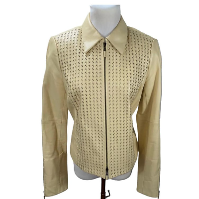 #ad Worth Woven Perforated Front Soft Butter Color Zip Leather Moto Jacket Women 4 $64.99