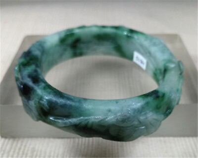 #ad 57x46MM Ancient Natural Green Jadeite Carved Flowers Jadeite Bracelet Bangle $25.60