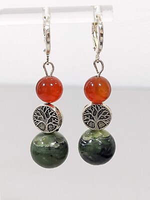 #ad Artisan Beachy Green Brown Stone Round Stacked Bead Tree of Life Dangle Earrings $5.59