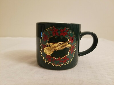 #ad vintage Christmas Wreath Cup Mug Green Gold with violin and sheet music Korea $27.80