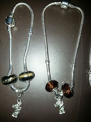 #ad Bracelet Charms teddy bear silver plated black amp; Tan Choose One Europian Chain $5.50