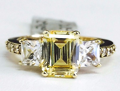 #ad 14K Yellow Gold Three Stone Emerald Cut Yellow CZ Cubic Zirconia Engagement Ring $292.00