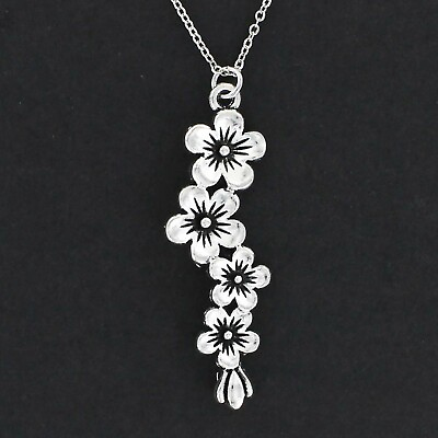 #ad PLUMERIA BRANCH Necklace Pewter Charm on Adjustable Chain Blossoms Flowers Bloom $16.00