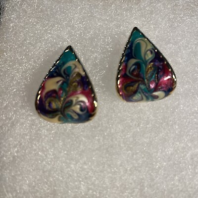 #ad Vintage Multicolor Swirl Gold Tone Teardrop Curved Pierced Earrings $8.99