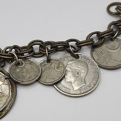 #ad Vintage Charm Bracelet Coin Travel Silver Tone Farthing 7quot; $39.59