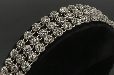 #ad BOMA 925 Sterling Silver Vintage Round Marcasite Heavy Link Bracelet BT9354 $299.95