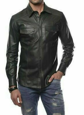 #ad Men#x27;s Leather Shirt Sheepskin Black Leather Full Sleeve Shirt Slim Fit Jacket $118.99