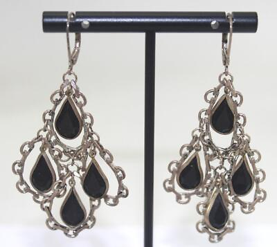 #ad Vintage Silver Tone Chandelier Dangle Pierced Earrings with Black Stones $14.95