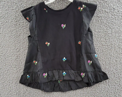 #ad Sea Embroidered Floral Peplum Rubina Top Girls#x27; 12Y Black Multi Round Neck S S $45.63