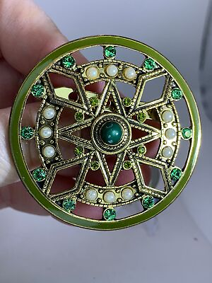 #ad Celtic Flower Openwork Enamel Pearls Green Rhinestone Vintage Gold Brooch M 4097 $24.99