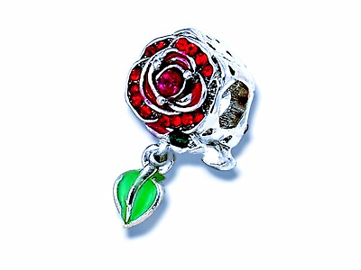 #ad Pandora Size Charm Dangle Flower Rose Leaf Crystal 925 Silver HandPaint 🌹🍃 USA $13.99