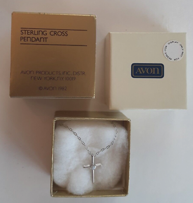 #ad Vintage 1982 Avon Sterling Cross Pendant w Genuine Mother of Pearl 16quot; Necklace $14.95