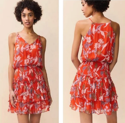 #ad Anthropologie Dolan Portia Smocked Waist Mini Dress Red Floral Women#x27;s Size S $44.99