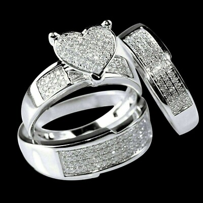 #ad 2Ct Lab Created Diamond His Hers Heart Wedding Trio Ring Set White Gold Plated $239.19