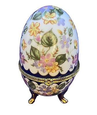 #ad Vintage Egg Shaped Porcelain Multi Color Floral Hinged Footed Trinket Box 4” $8.50