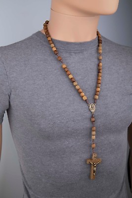 #ad Rosary Necklace for Men Wooden Brown Carved Beads Strong Cord Rope Catholic $17.00