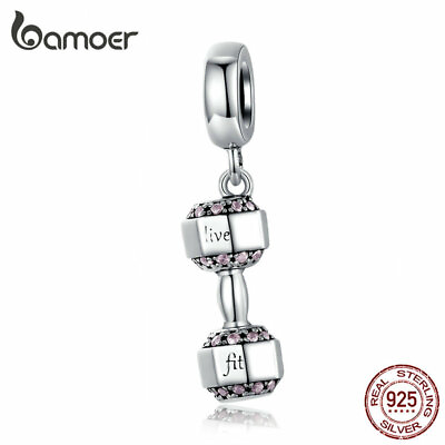#ad BAMOER European CZ Dumbbell Charm Bead S925 Sterling silver Fit Bracelet Jewelry $9.62