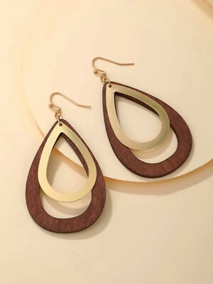 #ad NEW Wood Gold Layer Drop Dangle Teardrop Fashion Earrings $3.76