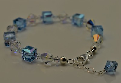 #ad Aqua Blue Bracelet made w Swarovski Crystal Elements 8mm cube bicone. Silver $38.99
