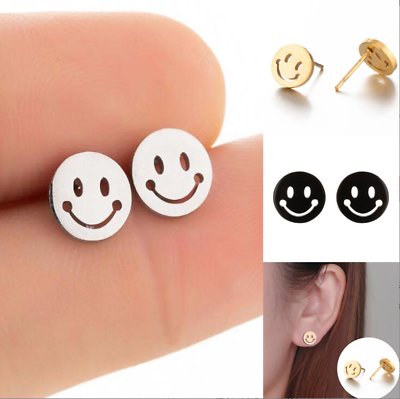 #ad Tiny Titanium Round Smile Happy Face Silver Gold Black Stud Earrings $9.99
