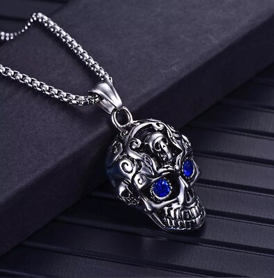 #ad Large Blue Eye Skull Grim Reaper Stainless Necklace Pendant Biker Punk Goth $12.95