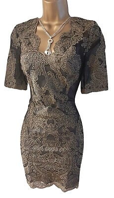 #ad KAREN MILLEN UK 8 BRONZE Lace Embroidered Mini Dress Evening Cocktail Party GBP 59.99