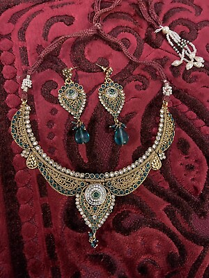 #ad Indian Bollywood Gold And Green And Plated Bridal Necklace Earrings Jewelry Set $20.00