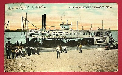 #ad Postcard Oklahoma Muskogee Oil Gas Steamship Riverboat City of Muskogee $9.99