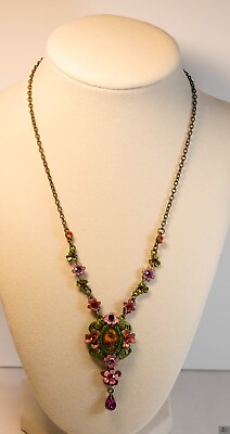 #ad Vintage Negrin STYLED Floral Y Drop Necklace Flowers Pinks Reds quot;Rquot; 15quot; 3quot; Ext. $12.00