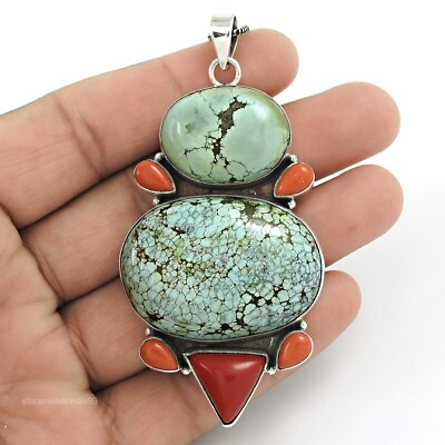#ad Natural Turquoise Gemstone Pendant Ethnic 925 Sterling Silver For Women J34 $132.25