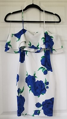 #ad GIBIU White amp; Blue Floral Off The Shoulder Sheath Mini Dress Women#x27;s Size Small $11.95