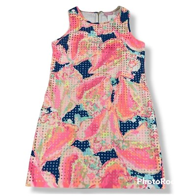#ad Lilly Pulitzer Perla Laser Cut Bright Pink Blue Conch Sleeveless Dress Size M $74.88