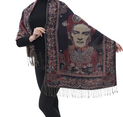 #ad Quality Mexican Pashmina Shawl Scarf Wrap Frida Kahlo Black Blue Red Gold $35.99