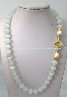 #ad Fashion 10mm White Opal Cat#x27;s Eye Round Gemstone Beads Necklace 16 28quot; AAA $13.59