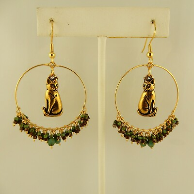 #ad Artisan handcrafted Gold Cat Boho Chandelier Hoop Earrings with Czech Glass $24.99
