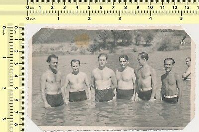 #ad 1938 Handsome Shirtless Muscular Men Trunks Bulge Beach Gay Int vintage photo $14.95